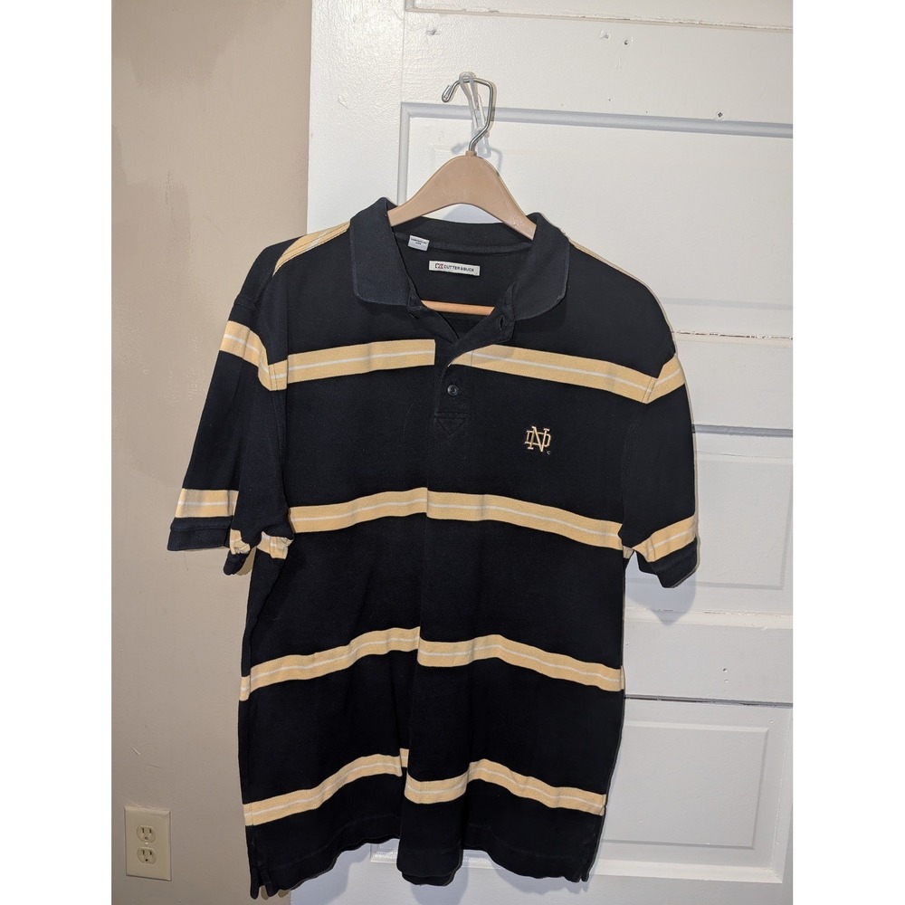 Cutter & Buck Notre Dame Fighting Irish Mens Navy Gold Striped Cotton Polo Shirt